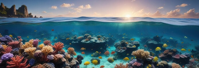 Naklejka premium Wavy ocean surface with vibrant aquatic life and colorful coral, ocean waves, marine biodiversity