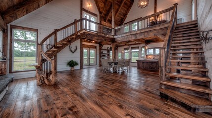 Fototapeta premium Rustic farmhouse interior, open plan living, wooden stairs, countryside view