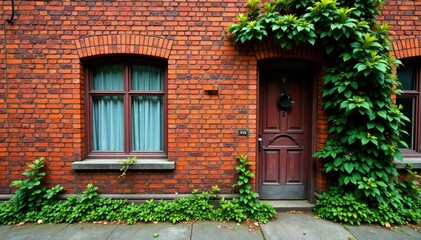Weathered red brick facade with overgrown vegetation, red brick, weathered