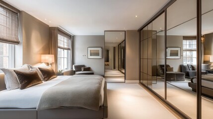 Modern bedroom design featuring a large mirrored wardrobe and elegant decor for contemporary living