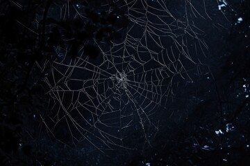 Intricate spider web glistening in moonlight in a dark forest setting