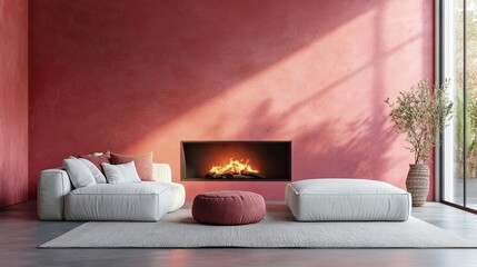 Beige luxury sofa and rustic live edge coffee table in spacious room