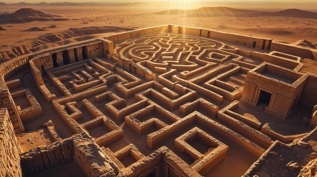 Ancient stone maze in the desert bathed in golden sunlight. Intricate design and weathered stone create a mystical atmosphere.