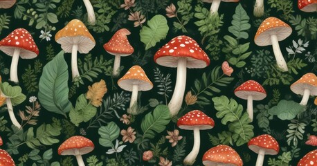 Whimsical seamless pattern with mushroom, leaves, and flowers, seamless, mushroom