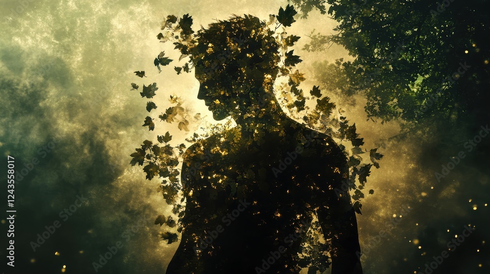 Leinwandbilder man glowing with leaves in a mystical forest setting during twilight hours