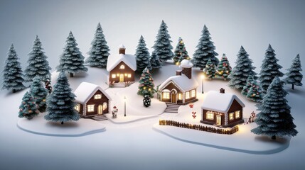Cozy Winter Village Scene with Snowy Trees, Charming Homes, and Christmas Decorations in a Magical Landscape