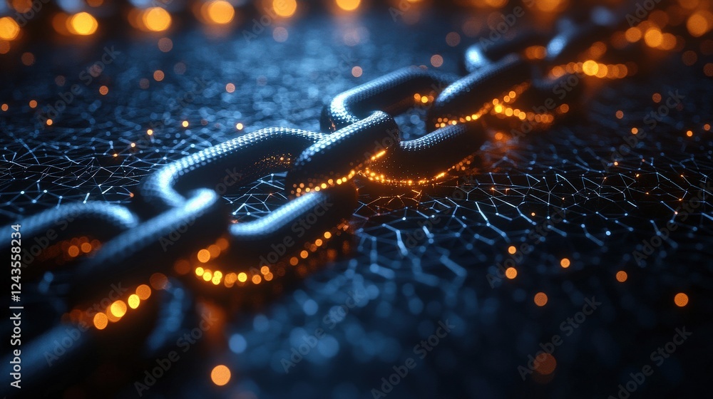 Aufkleber close-up of a glowing chain on a textured surface with shimmering lights in the background