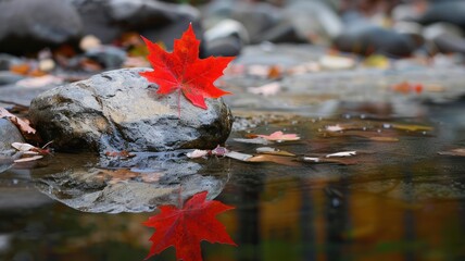 red autumn maple leaf close up on a stone in the forest with reflection in the water river lake stream forest pro photography