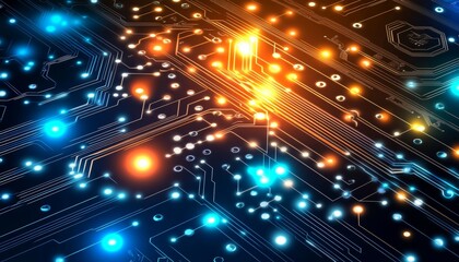 Fototapeta premium Glowing Circuit Board Design, Technology Background With Orange And Cyan Lines, Geometric Patterns