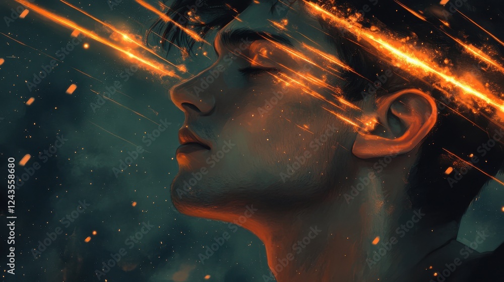 Poster Conceptual artwork of a man's face illuminated by intense light and dynamic abstract elements during a creative expression session