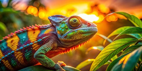 Fototapeta premium Mauritius Chameleon Sunbathing: Vibrant Reptile in Tropical Sunlight