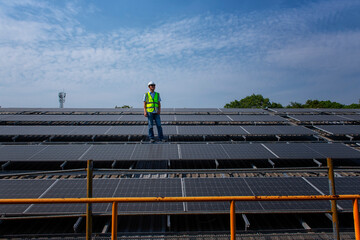 portrait of a worker on solar cell and sustainable green energy.
