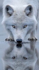 Obraz premium HD Phone Wallpaper Majestic Arctic Wolf Drinking from Reflective Water Stunning Wildlife Portrait