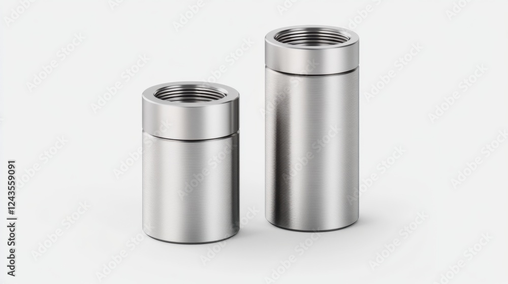Poster close-up view of two metallic cylinders with threaded ends on a light background for industrial use