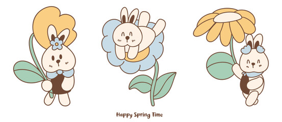 Happy spring time, Cute rabbits enjoying springtime with flowers and cheerful expressions