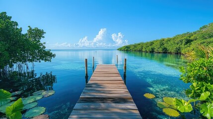 Naklejka premium Serene Wooden Dock Overlooking Crystal Clear Tropical Water Scene