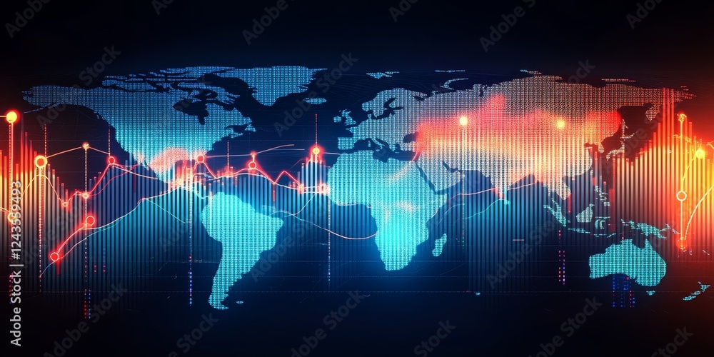 Poster global economic trends fluid line graphs and data points on world map in vivid colors