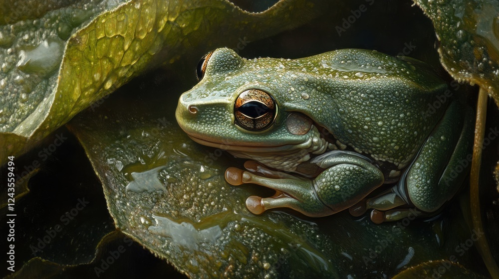 Poster close-up of a green tree frog resting on vibrant leaves in a damp environment