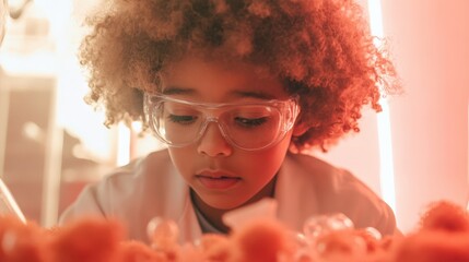 A Young Child with Curly Hair and Glasses Engaged in a Science Experiment in a Laboratory Setting, Demonstrating Curiosity and Discovery