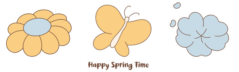 Happy spring time, cheerful illustration featuring flower, butterfly, and cloud, celebrating springtime joy