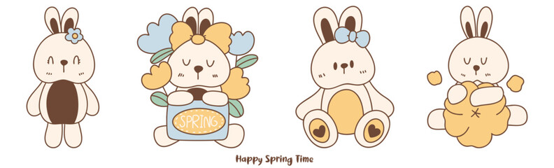 Happy spring time, Happy spring time with cute rabbits holding flowers and decorations