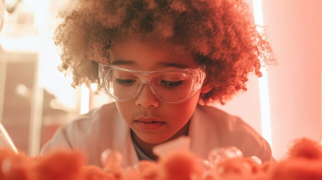 A Young Child with Curly Hair and Glasses Engaged in a Science Experiment in a Laboratory Setting, Demonstrating Curiosity and Discovery