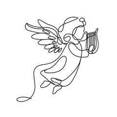 Fototapeta premium Black and white line art drawing of a flying angel playing the harp . Perfect for Valentine's Day design, wedding theme or romantic events. Vector illustration.