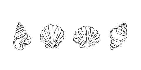 Continuous abstract one line drawing set of sea shells. Line art, vector illustration.