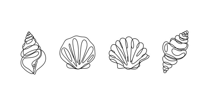 Abstract continuous one-line drawing of seashells. Minimalist line art vector illustration.