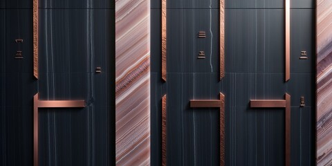 Contemporary Wall Panel of Dark Gray Marble Accented with Copper and Banded Stone
