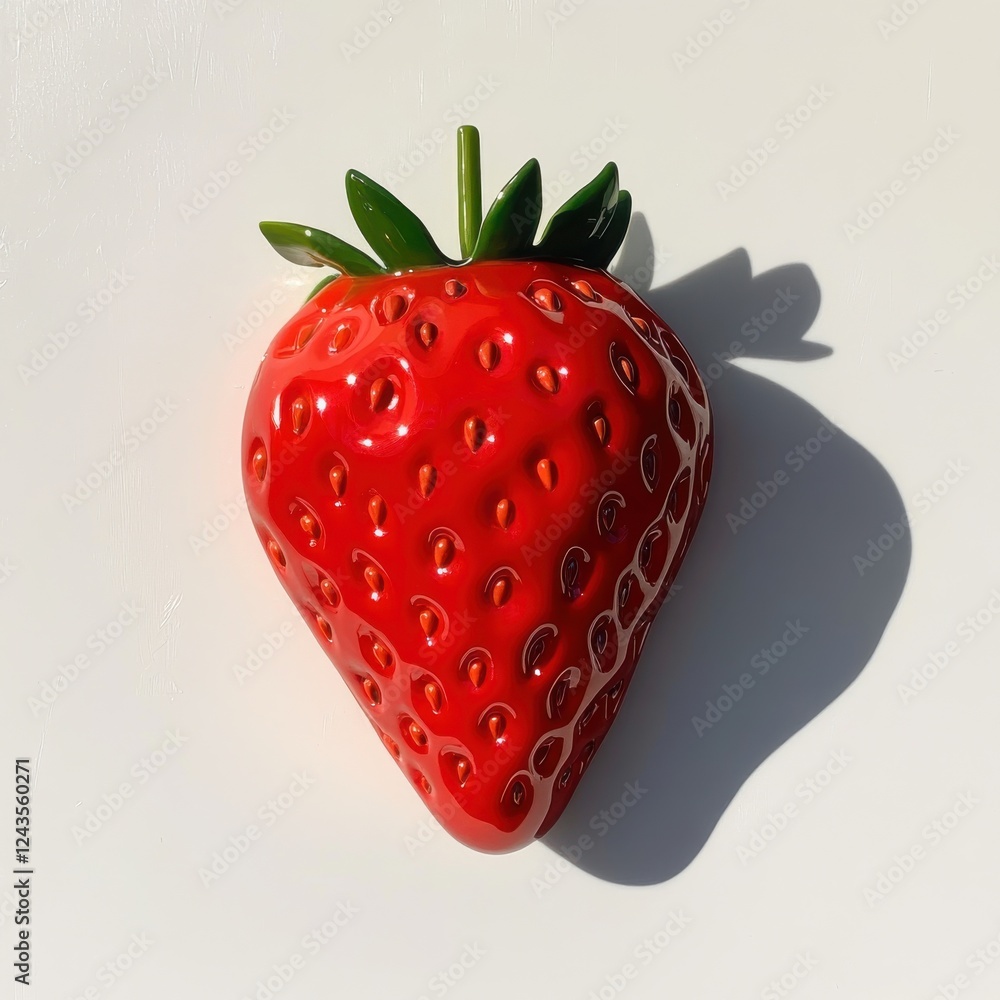 Poster bright red glossy strawberry resting on a light surface, showcasing its vibrant color and smooth tex