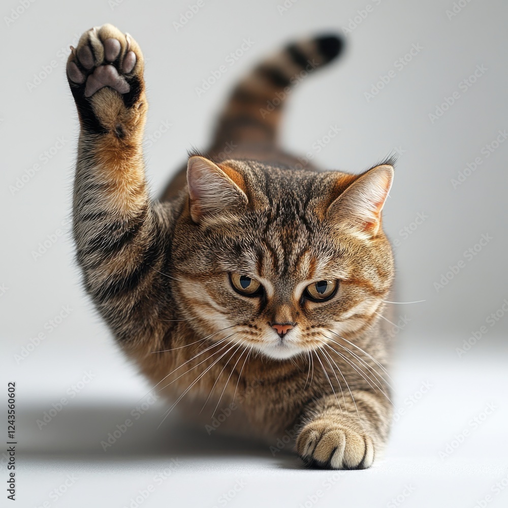 Poster playful tabby cat raising paw against minimalist background in bright indoor setting captured with s