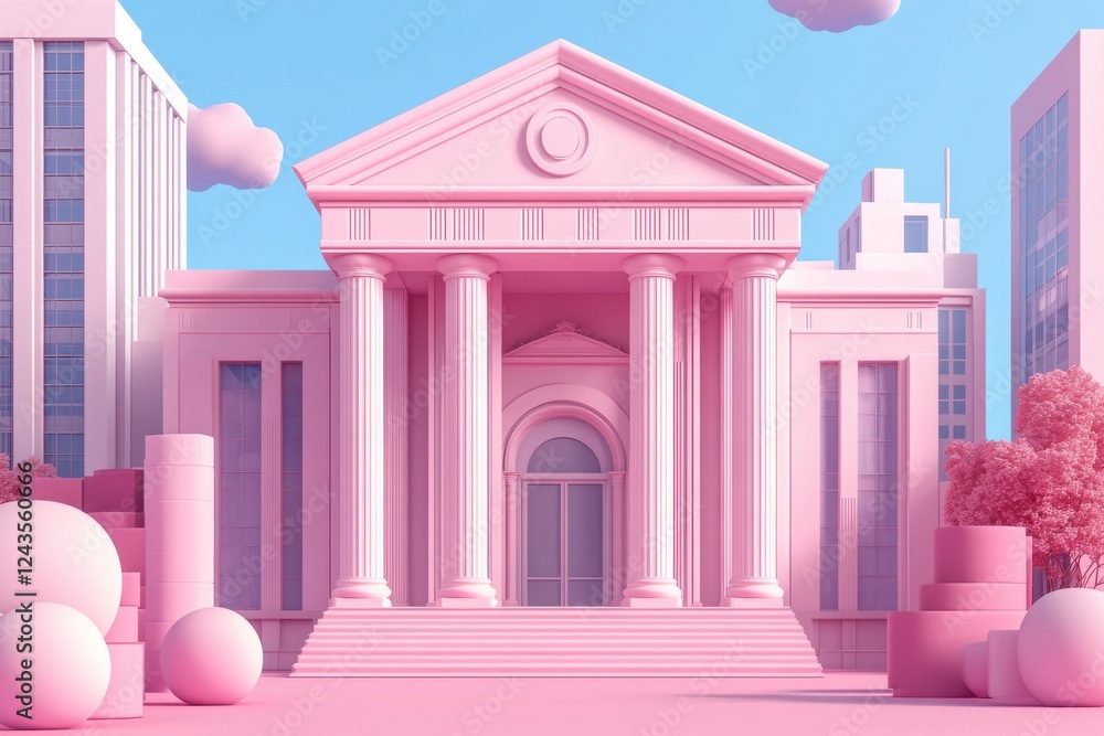 Poster a whimsical pink building with classical columns, surrounded by soft clouds and abstract shapes, evo