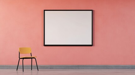 Minimalist interior featuring a blank canvas on a pink wall with a yellow chair nearby