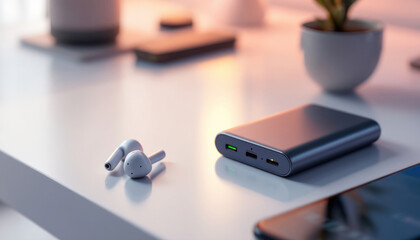 Wireless earbuds and portable power bank on a table