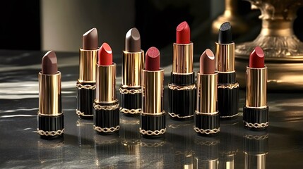Stunning array of luxurious lipsticks showcased on a reflective surface, featuring various shades and gold accents. Perfect for beauty and fashion themes, emphasizing elegance and style