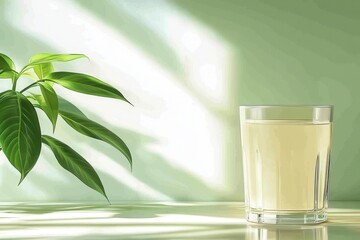 Refreshing Drink in Glass with Green Leaves on Soft Background
