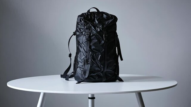 Stylish black backpack displayed on a sleek white table in modern indoor setting with neutral background