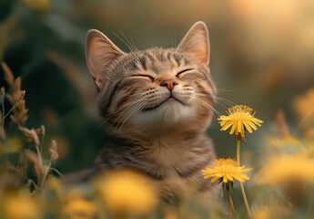 Playful tabby cat relaxing in a field of vibrant yellow dandelions under warm sunlight, embodying joy and tranquility in nature's beauty