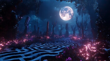 Obraz premium A holographic garden maze glowing under the light of a virtual moon