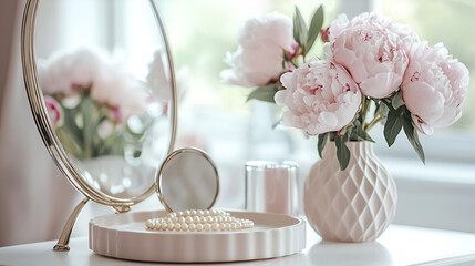 Elegant vanity setup with a pearl necklace, a delicate mirror, and a bouquet of pink peonies.
