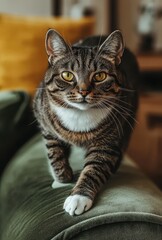 Obraz premium Playful Tabby Cat with Striking Yellow Eyes Walking on Soft Green Couch in Cozy Indoor Living Space Surrounded by Warm Tones and Relaxing Atmosphere