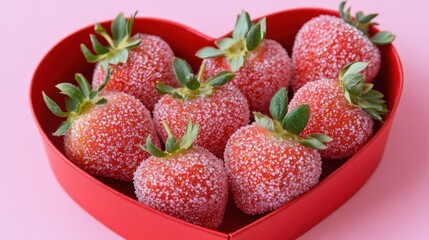A Delightful Array of Heart-Shaped Peach Gummies, Sprinkled with a Delicate Sugar Coating, Nestled in a Vibrant Red Heart-Shaped Box, Accompanied by Fresh Strawberries, Alluringly Placed on a Soft Pin