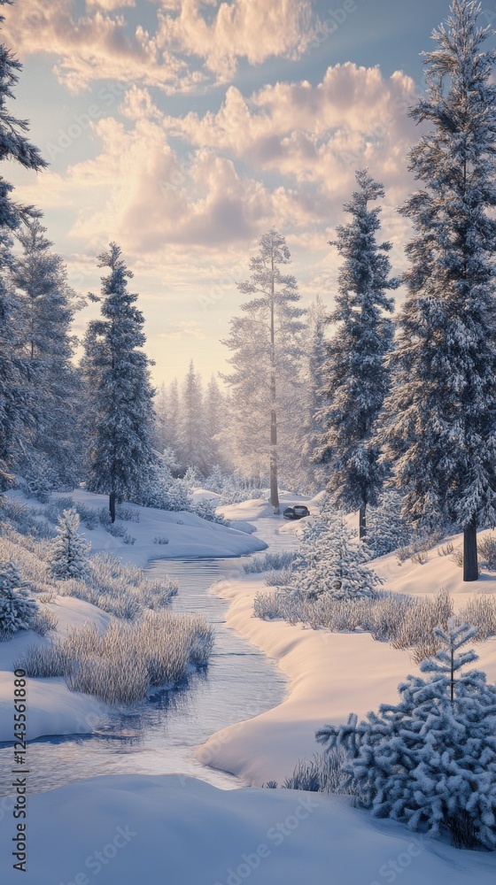 Poster snow-covered landscape with a gentle stream under a clear sky during winter twilight