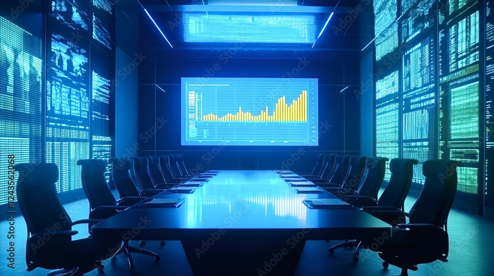 Poster high-tech boardroom with digital screens displaying data charts. empty executive chairs surround a s