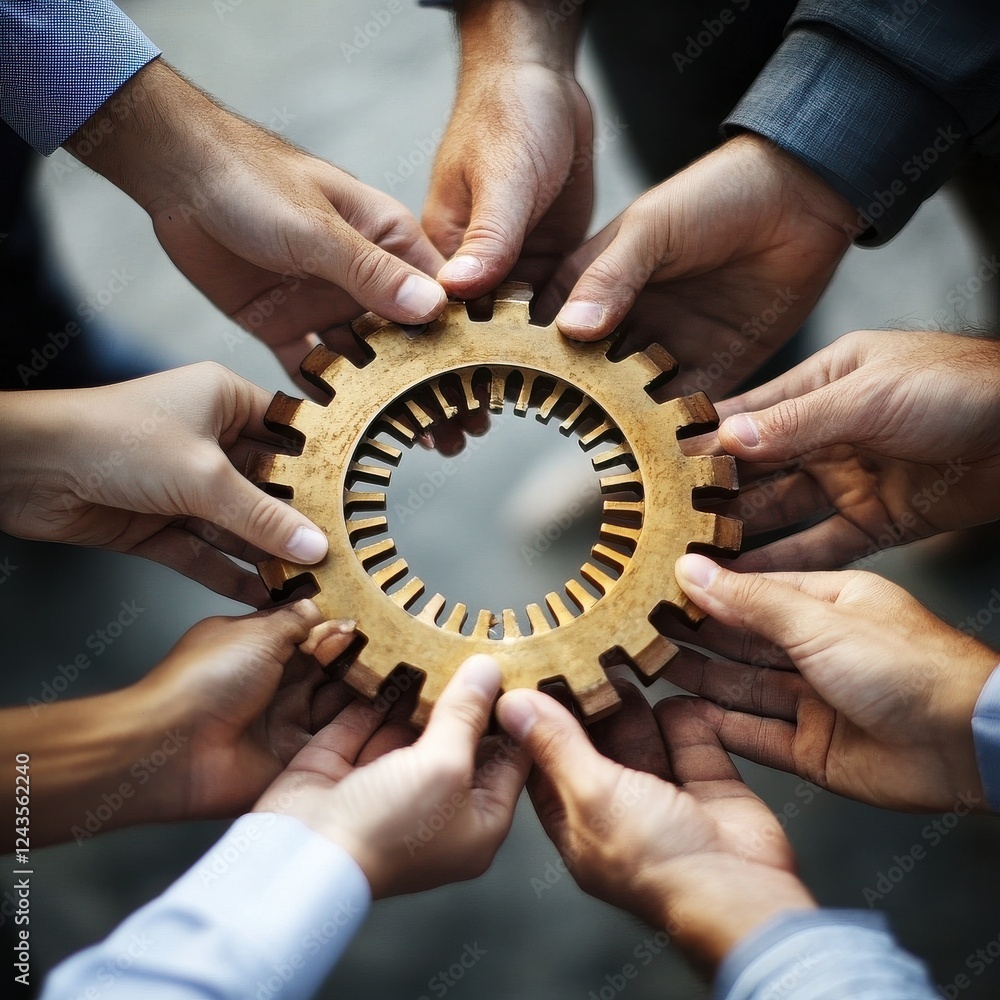 Poster diverse hands collaboratively hold a wooden gear, symbolizing teamwork and unity in problem-solving 