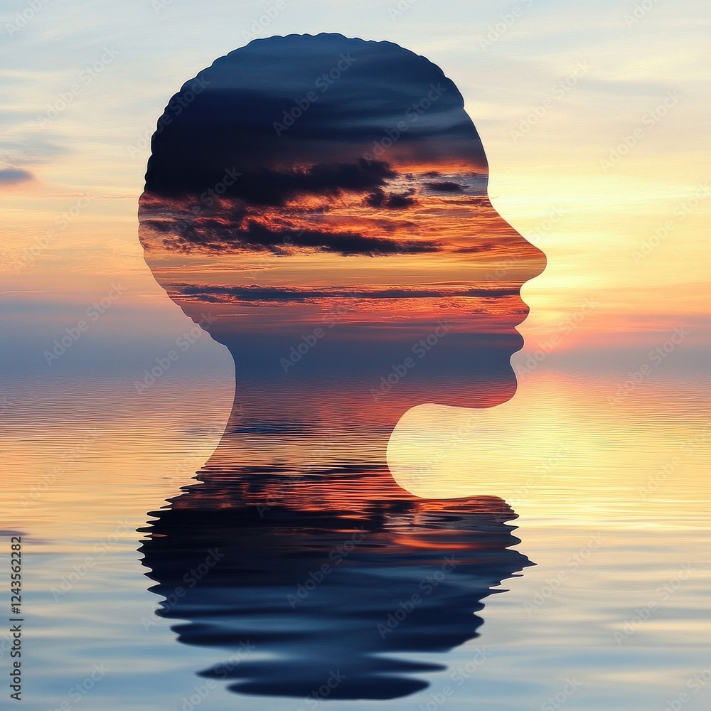 Poster a silhouette of a head merges with a sunset over water, creating a serene and contemplative scene th