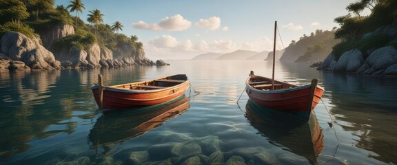 Obraz premium Wooden fish boat moored in coastal area with calm sea, blue sailing boat , boat on water, blue wooden boat