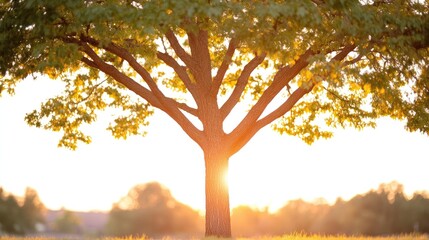 Majestic tree basking in golden sunlight at sunset, surrounded by a tranquil meadow