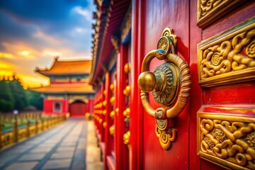 Obraz premium Miniature Red Temple Door Handle, Tilt-Shift Photography, Asian Architecture Detail